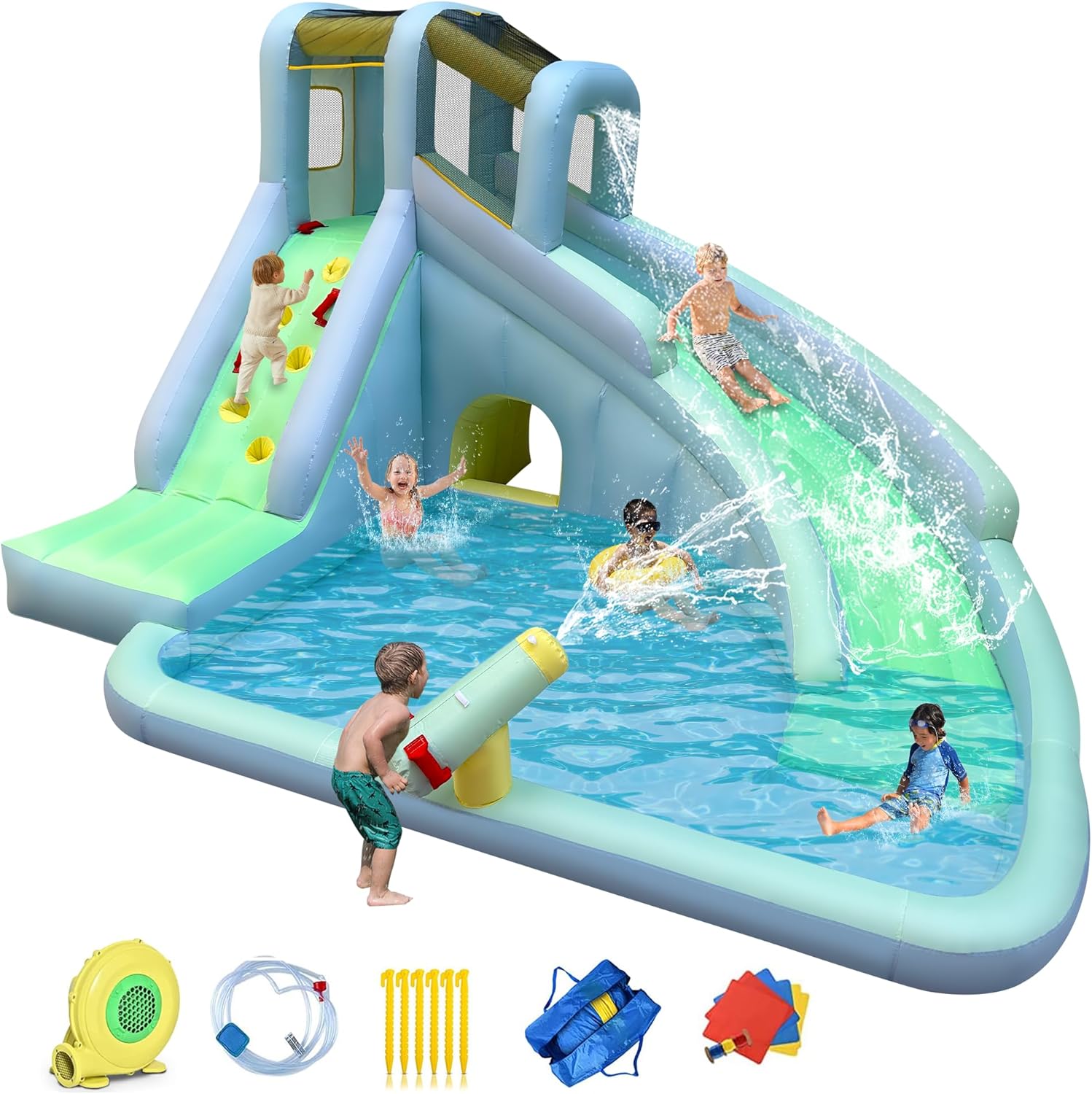 Kids Outdoor Inflatable Water Slide - 6-in-1 Aufblasbares Kinder-Hüpfburg-Wasserpark, 550W Gebläse Inklusive,