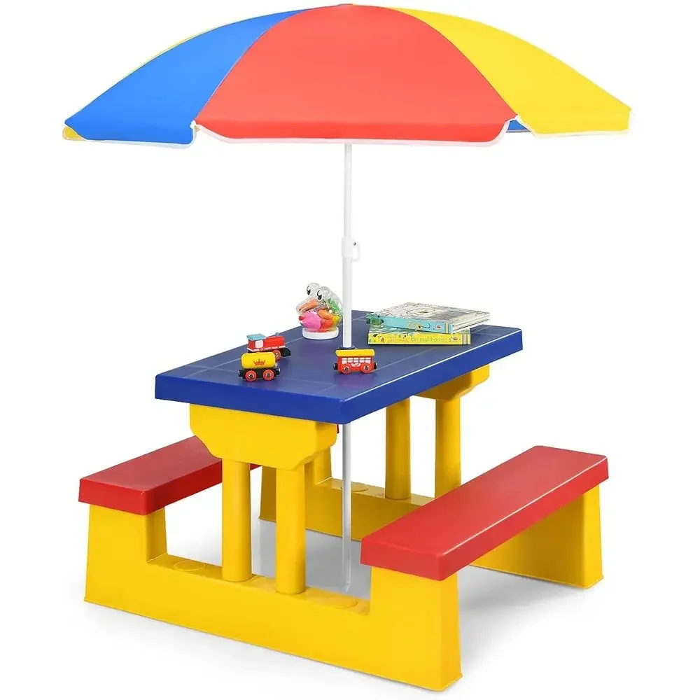 Kids Outdoor Bench With Umbrella - Mehrfarbiges Outdoor-Kinder-Picknicktisch-Set mit abnehmbarem Sonnenschirm, Kunststoffbänken