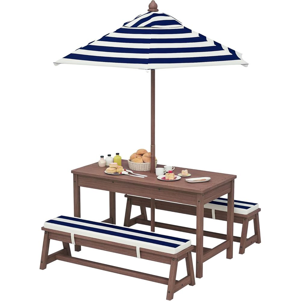 Kids Outdoor Bench With Umbrella - Qaba Kinder-Picknicktisch, Outdoor-Holztisch- und Bank-Set mit