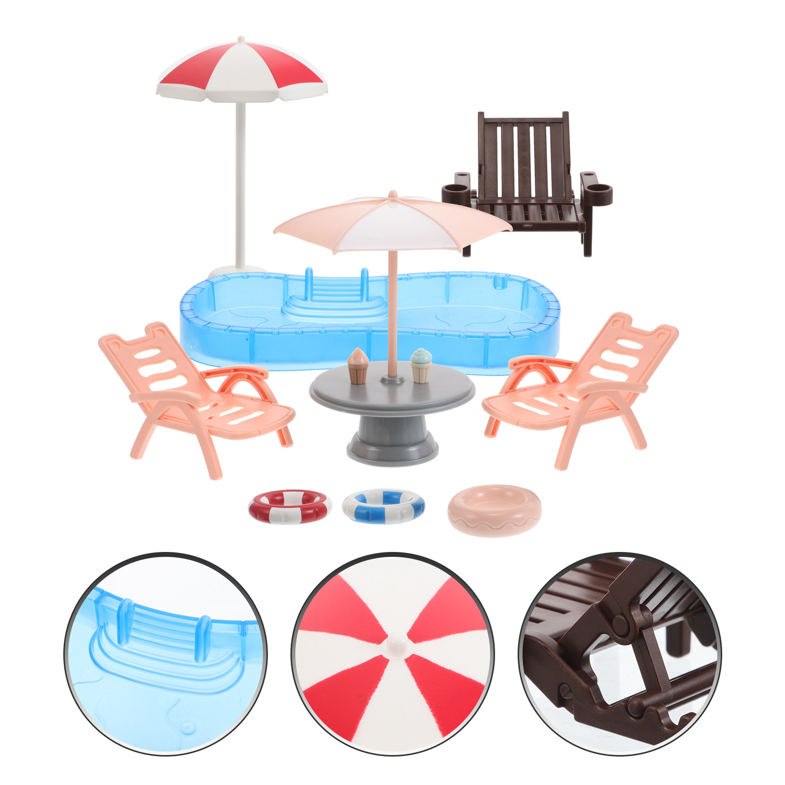 Kids Outdoor Doll House - 1 Set Miniatur-Puppenhaus-Schwimmbad, Strandliege, Schwimmring, Sommer-Mikroszene,