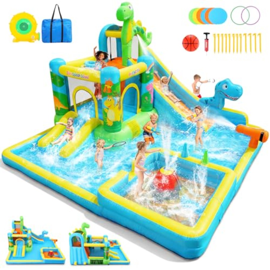 Kids Outdoor Inflatable Water Slide - Aufblasbare Wasserrutsche für den Garten: Dinosaurier-Themen-Hüpfburg
