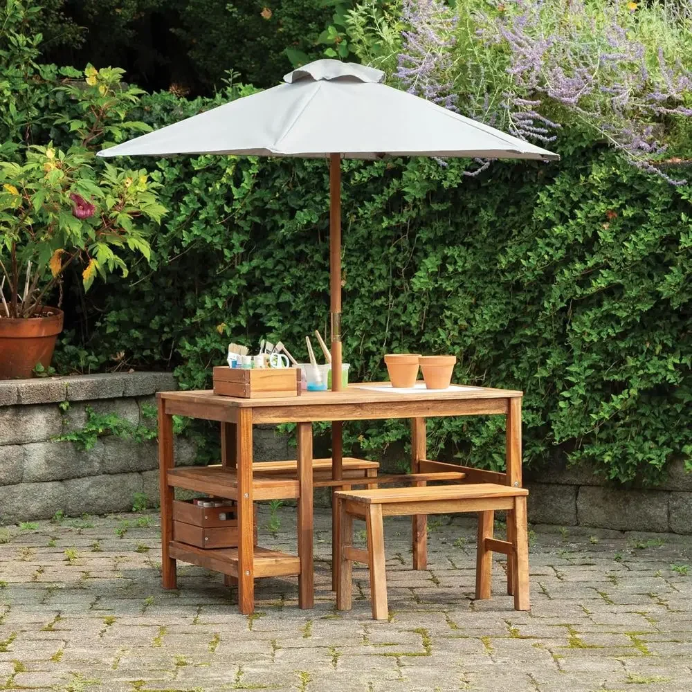 Kids Outdoor Bench With Umbrella - Kinder-Outdoor-Aktivitätstisch, Bänke & Sonnenschirm-Set: Aktivitätstisch aus