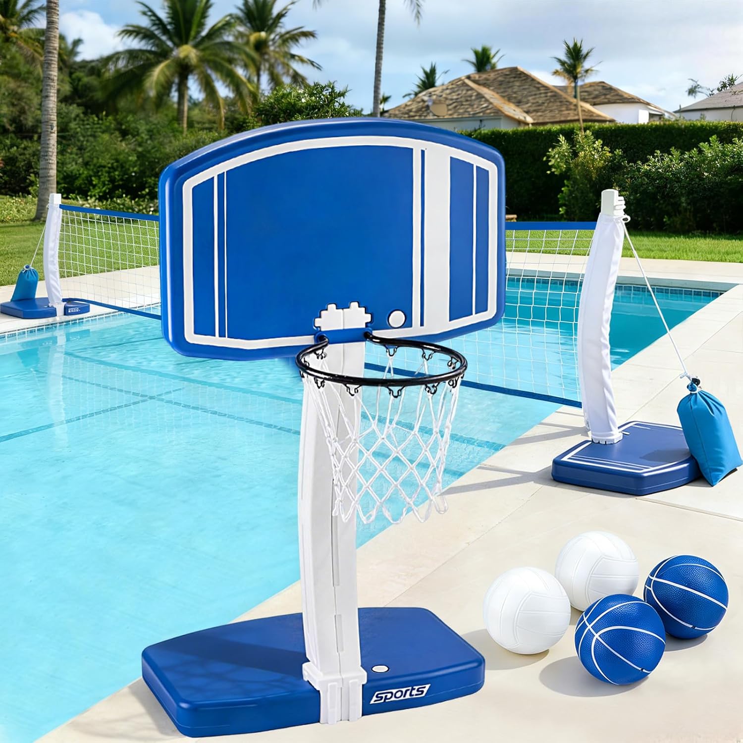 Outdoor Games For Kids - Oberirdischer Pool-Basketballkorb und Volleyballnetz 2-in-1, Outdoor-Wasserspielzeug