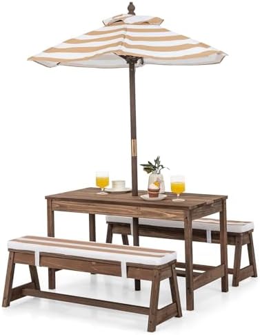 Kids Outdoor Bench With Umbrella - Kinder-Picknicktisch, Outdoor-Holztisch & Bank-Set mit abnehmbaren