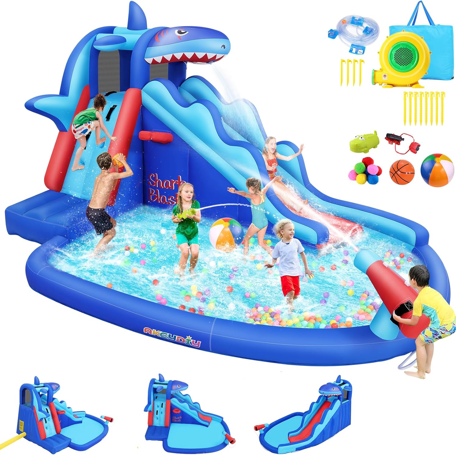 Kids Outdoor Inflatable Water Slide - Hai-Themen Aufblasbarer Wasserpark für Kinder: Outdoor-Wasserrutsche