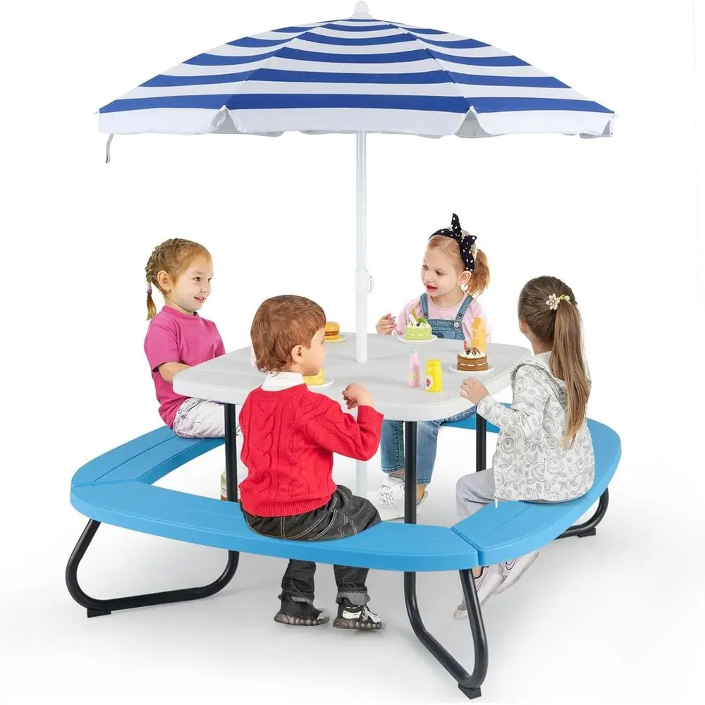 Kids Outdoor Bench With Umbrella - 8-Personen Kinder-Picknicktisch mit Sonnenschirm, Kleinkind-Aktivitätstisch, 4
