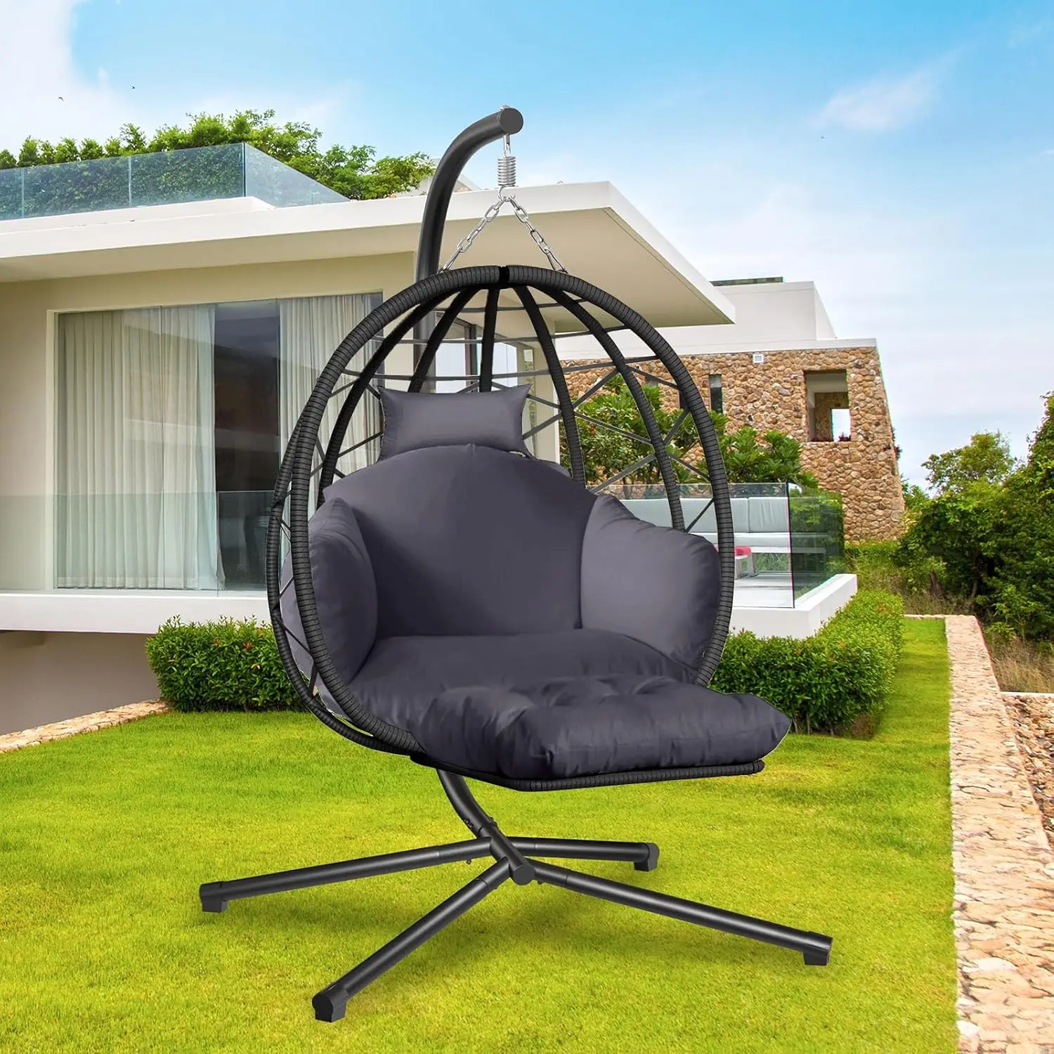 Kids Outdoor Egg Chair - Hängesessel mit Ständer und Beinauflage für