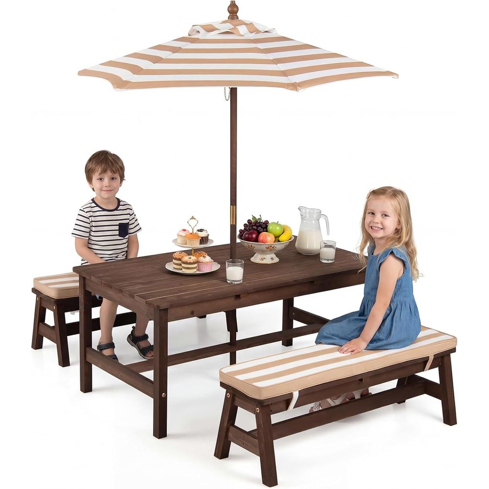 Kids Outdoor Bench With Umbrella - Kinder-Picknicktisch, Holztisch- und Bankset für Kleinkinder