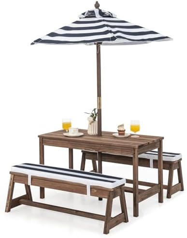 Kids Outdoor Bench With Umbrella - Kinder-Picknicktisch, Outdoor-Holztisch- und Bank-Set mit abnehmbaren