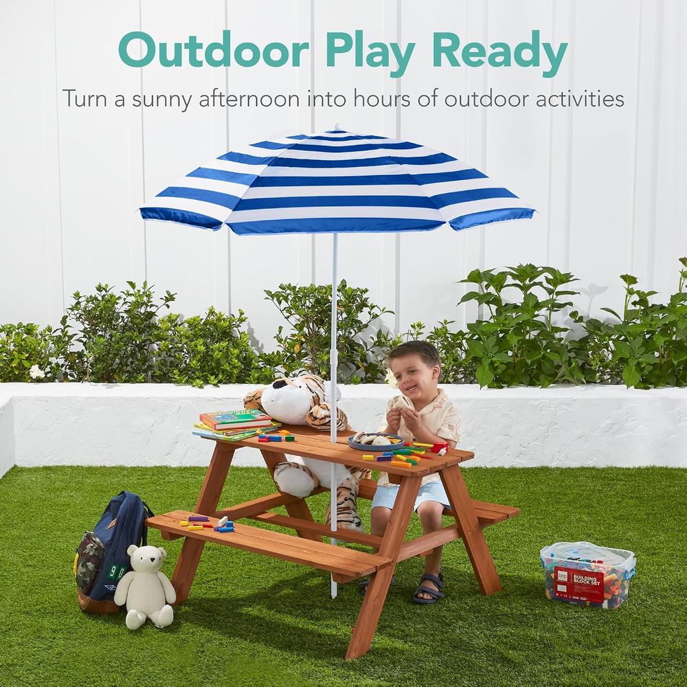 Kinder-Picknicktisch aus Holz  – Kids Outdoor Bench With Umbrella Bewertung und Preis