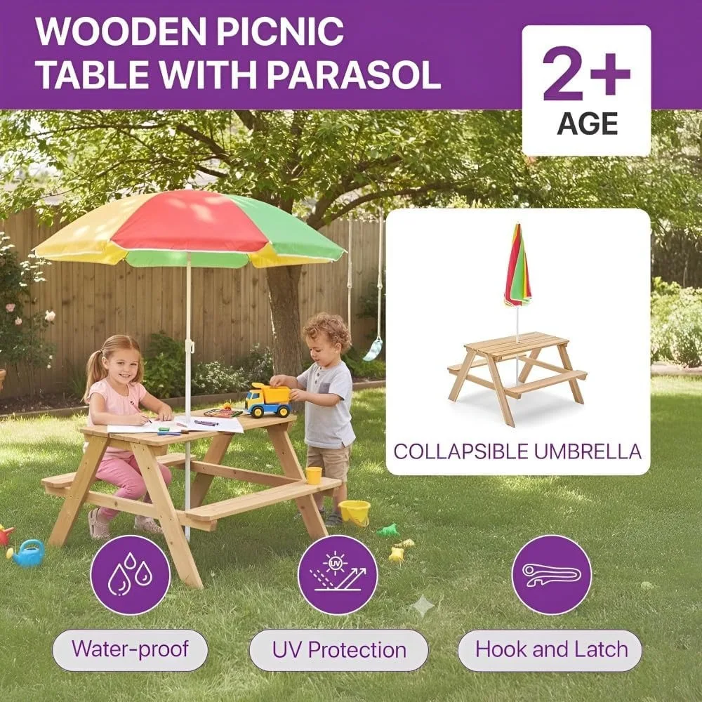 Holz-Picknicktisch für Kinder  – Kids Outdoor Bench With Umbrella Bewertung und Preis